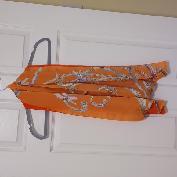 Peach gauzy scarf with irradesant vines and fireflies in green and lavender. - Picture 1 of 8